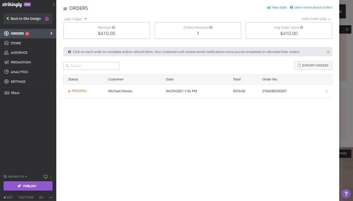 Screenshot of Strikingly editor showing a record of the online store's orders Screenshot of Strikingly editor showing a record of the online store's orders